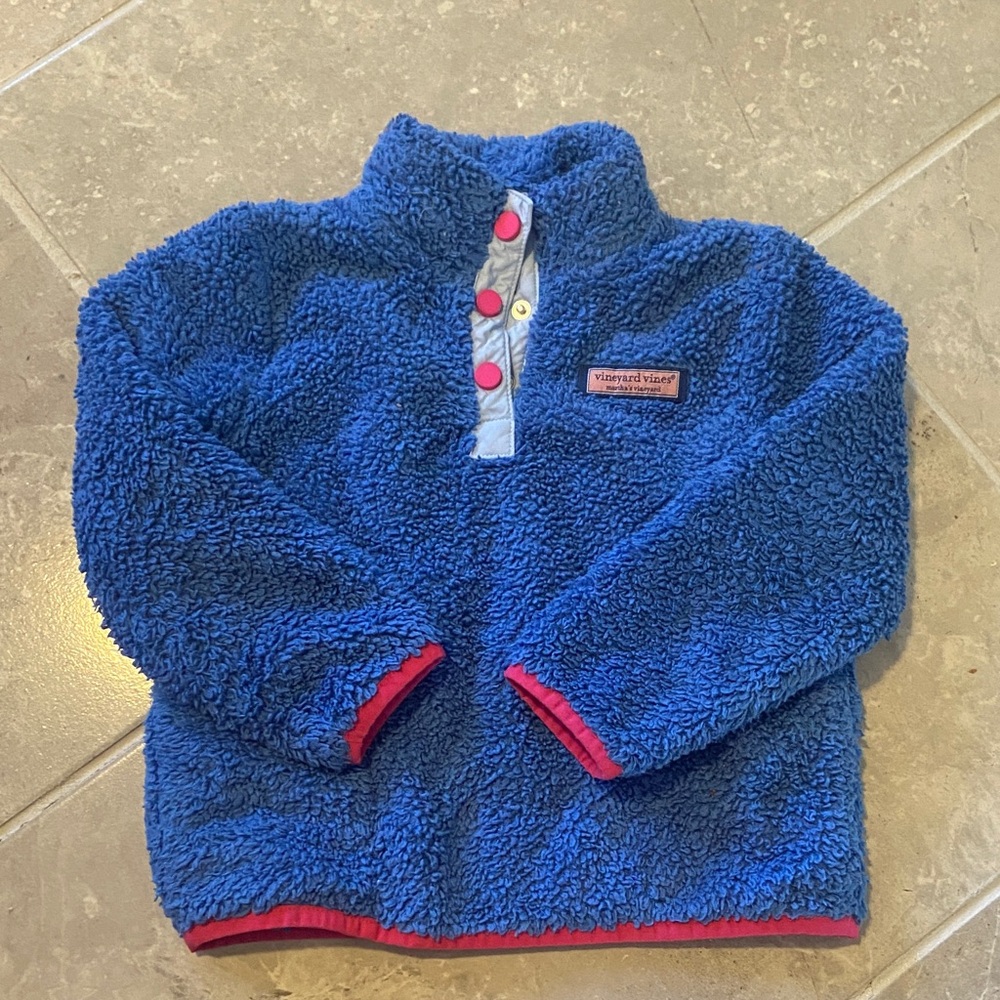 Vineyard Vines Kids Blue Fleece Pullover with Red Accents